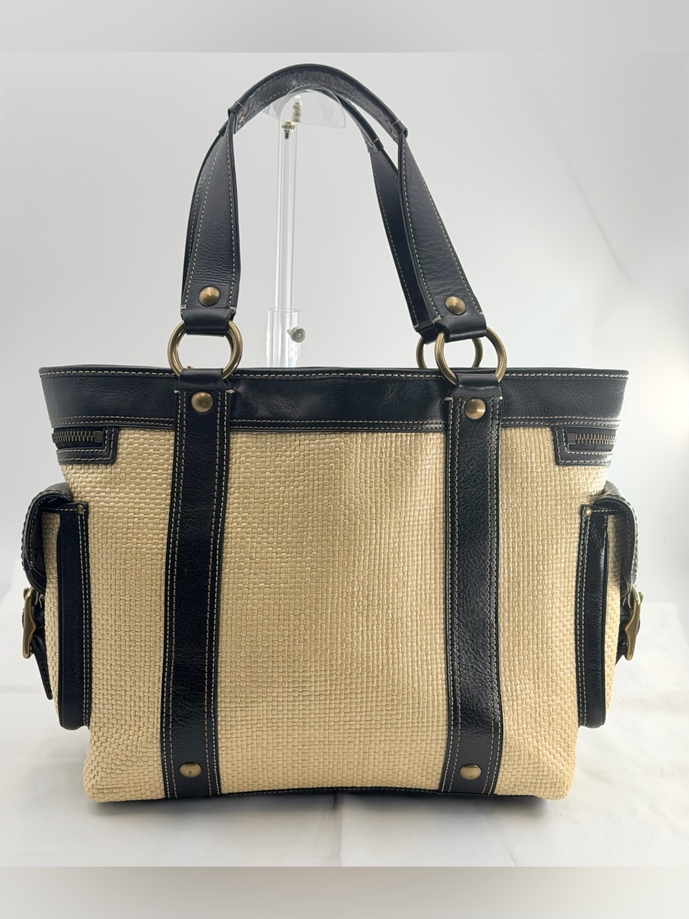 Vintage Coach Legacy Straw & Navy Blue Leather Buckle Tote - Picture 7 of 7
